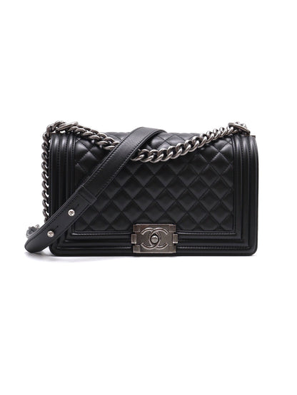 CHANEL Boy25牛皮口蓋包 - 黑銀