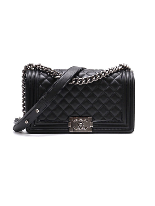 CHANEL Boy25牛皮口蓋包 - 黑銀