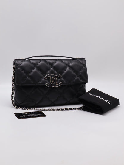 CHANEL 皮釦手提泡芙包 - 黑銀19開