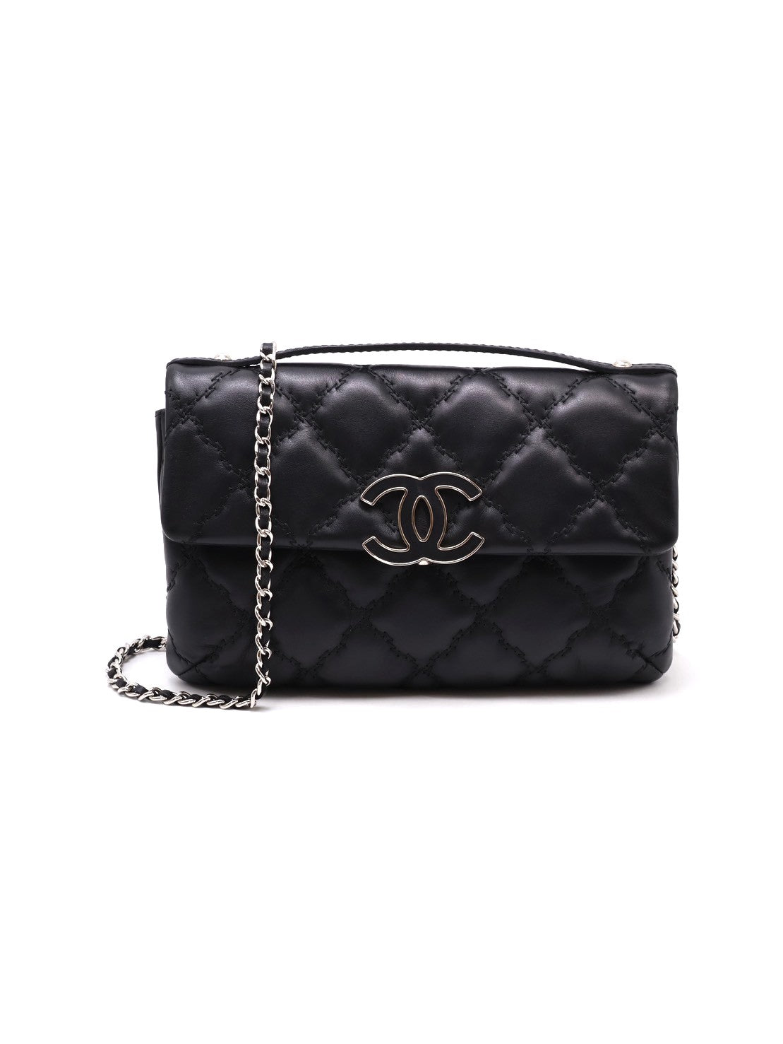 CHANEL 皮釦手提泡芙包 - 黑銀19開