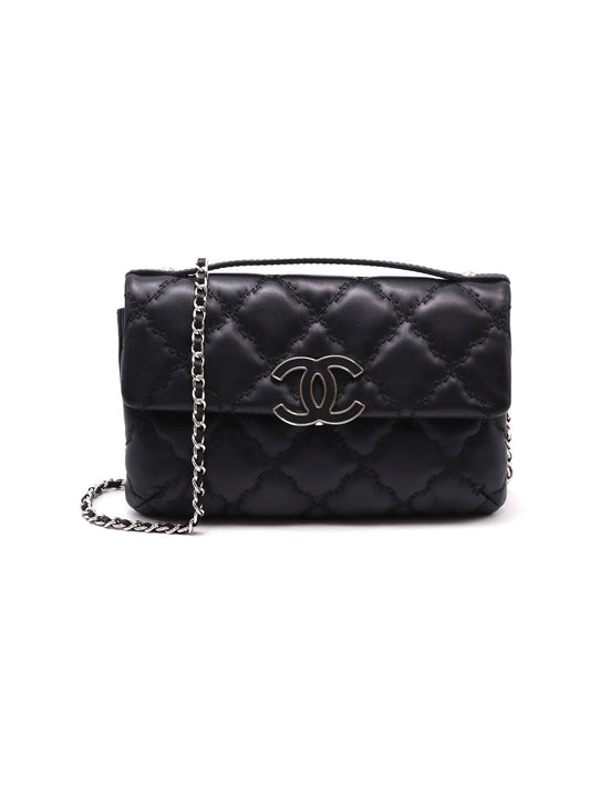 CHANEL 皮釦手提泡芙包 - 黑銀19開