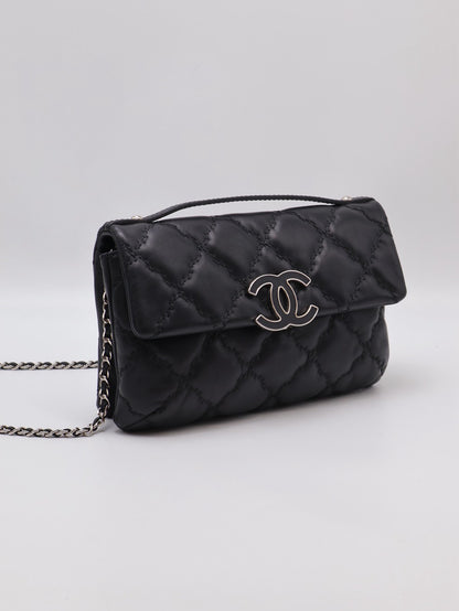 CHANEL 皮釦手提泡芙包 - 黑銀19開