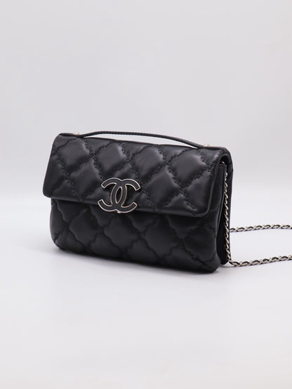 CHANEL 皮釦手提泡芙包 - 黑銀19開