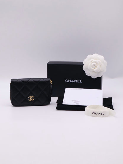 CHANEL 經典粒面牛皮拉鍊零錢包 - 黑金