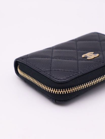CHANEL 經典粒面牛皮拉鍊零錢包 - 黑金