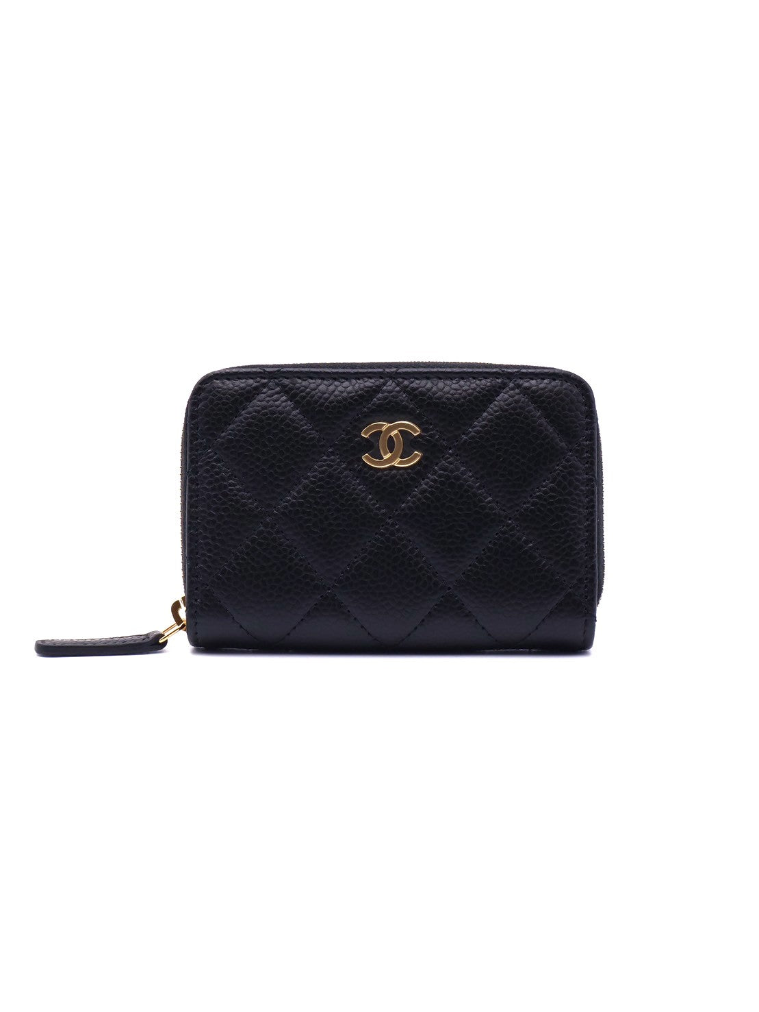 CHANEL 經典粒面牛皮拉鍊零錢包 - 黑金