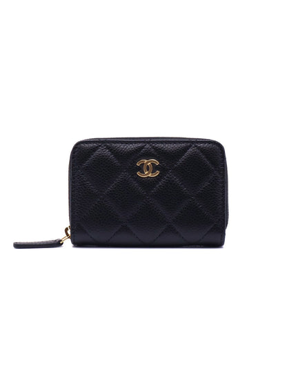 CHANEL 經典粒面牛皮拉鍊零錢包 - 黑金