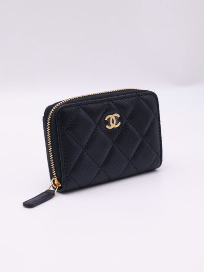 CHANEL 經典粒面牛皮拉鍊零錢包 - 黑金