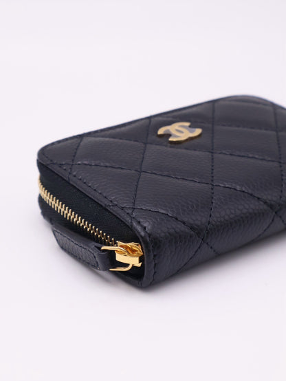CHANEL 經典粒面牛皮拉鍊零錢包 - 黑金
