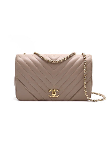 CHANEL V紋牛皮單肩包 - 米灰24開