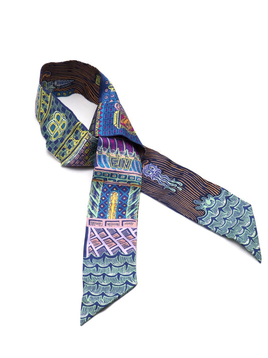 HERMES Super Silk Quest絲巾大冒險Twilly - 鈷藍/黃