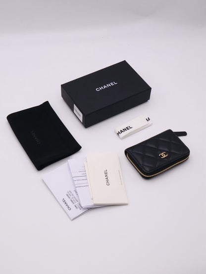 CHANEL 經典羊皮拉鍊零錢包 - 黑金