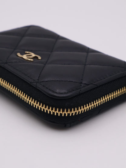 CHANEL 經典羊皮拉鍊零錢包 - 黑金
