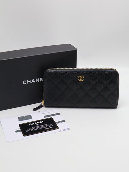 CHANEL 經典粒面牛皮拉鍊長夾 - 黑金22開