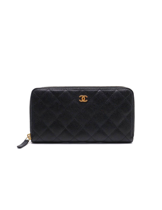 CHANEL 經典粒面牛皮拉鍊長夾 - 黑金22開