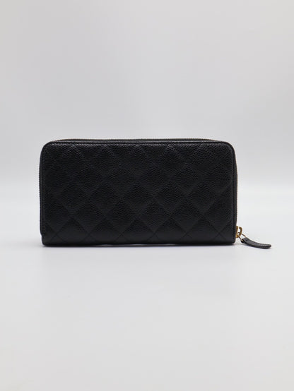 CHANEL 經典粒面牛皮拉鍊長夾 - 黑金22開