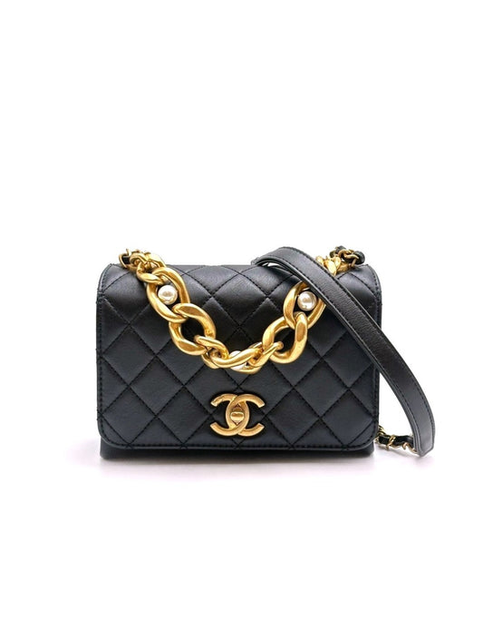 CHANEL 珍珠粗金鍊手提口蓋包 - 黑金