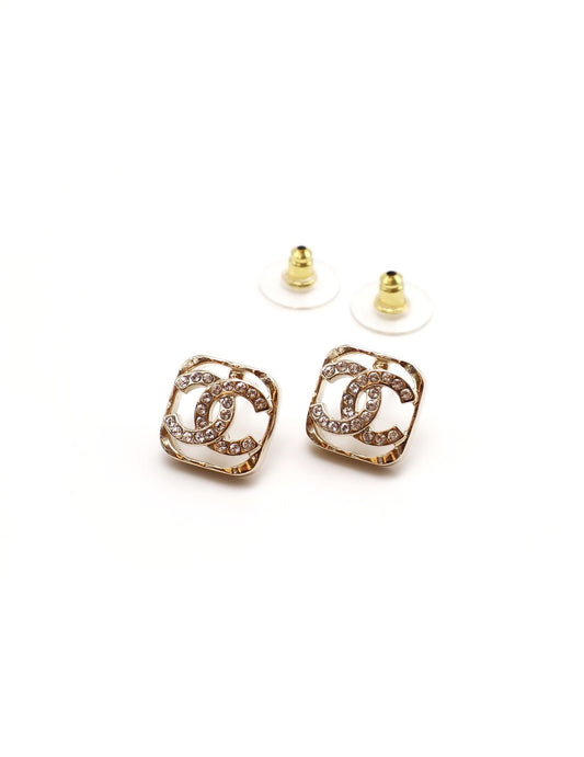 CHANEL 23P方塊水鑽雙C耳環