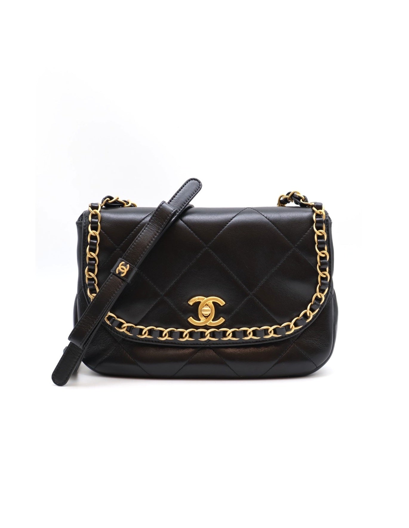 CHANEL 25P皮穿鍊滾邊口蓋包 - 黑金