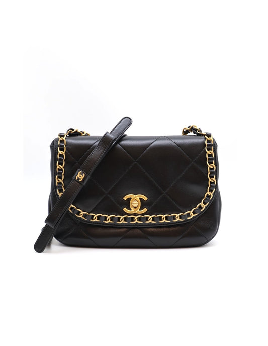 CHANEL 25P皮穿鍊滾邊口蓋包 - 黑金