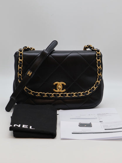 CHANEL 25P皮穿鍊滾邊口蓋包 - 黑金