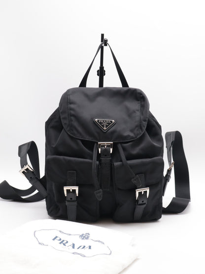 PRADA Re-Nylon雙口袋束繩後背包 - 小號黑銀