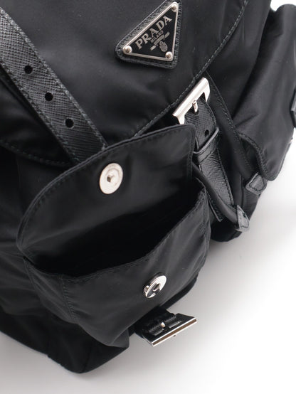 PRADA Re-Nylon雙口袋束繩後背包 - 小號黑銀