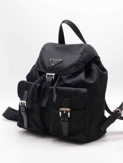 PRADA Re-Nylon雙口袋束繩後背包 - 小號黑銀