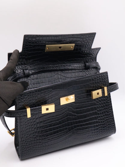 YSL 鱷魚壓紋曼哈頓 - 小號黑金