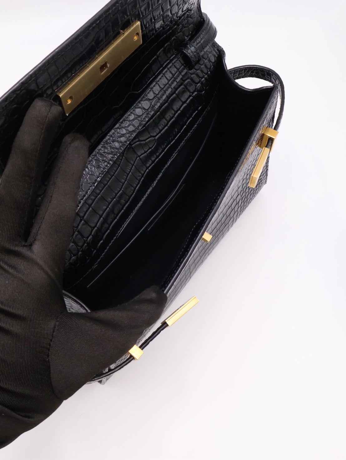YSL 鱷魚壓紋曼哈頓 - 小號黑金