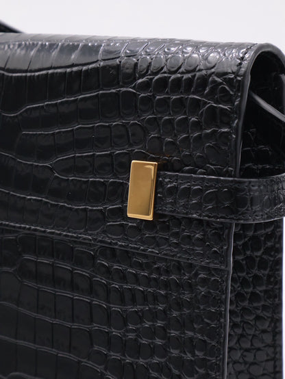 YSL 鱷魚壓紋曼哈頓 - 小號黑金
