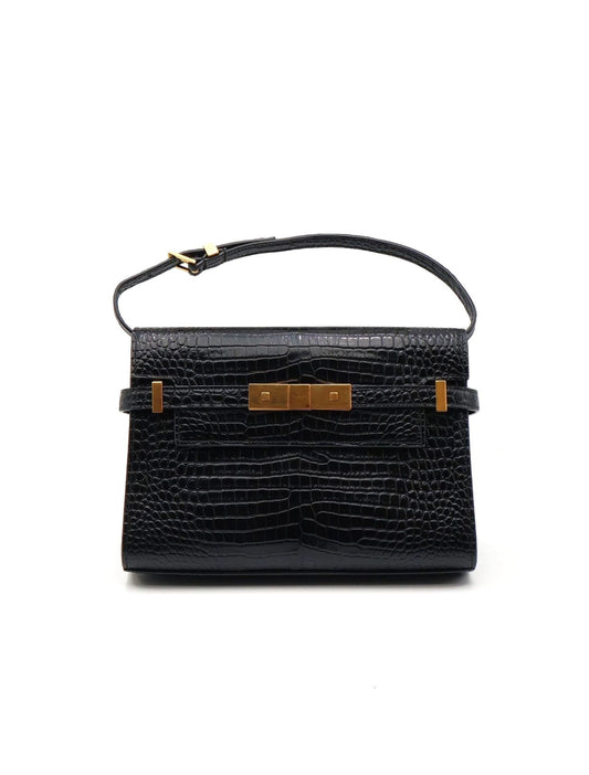 YSL 鱷魚壓紋曼哈頓 - 小號黑金