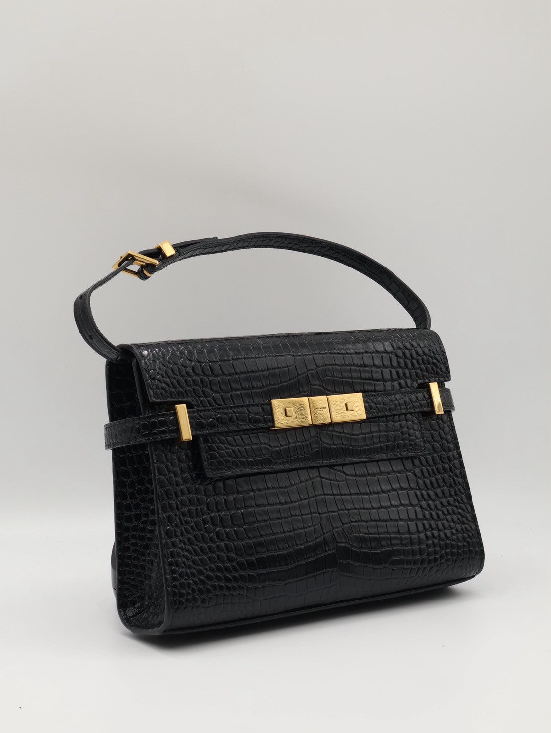 YSL 鱷魚壓紋曼哈頓 - 小號黑金