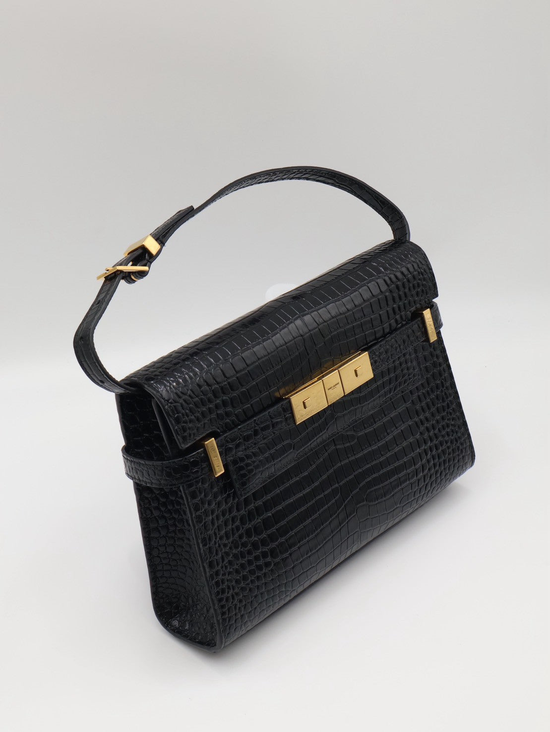 YSL 鱷魚壓紋曼哈頓 - 小號黑金