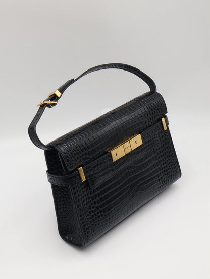 YSL 鱷魚壓紋曼哈頓 - 小號黑金