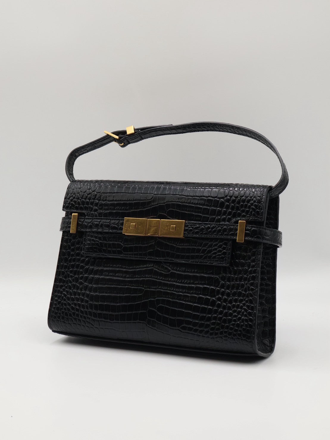 YSL 鱷魚壓紋曼哈頓 - 小號黑金