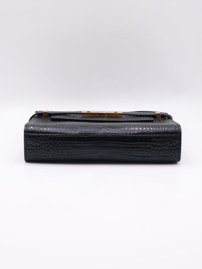 YSL 鱷魚壓紋曼哈頓 - 小號黑金