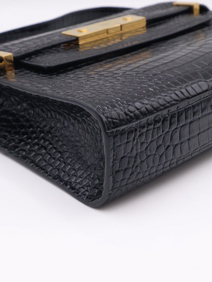 YSL 鱷魚壓紋曼哈頓 - 小號黑金