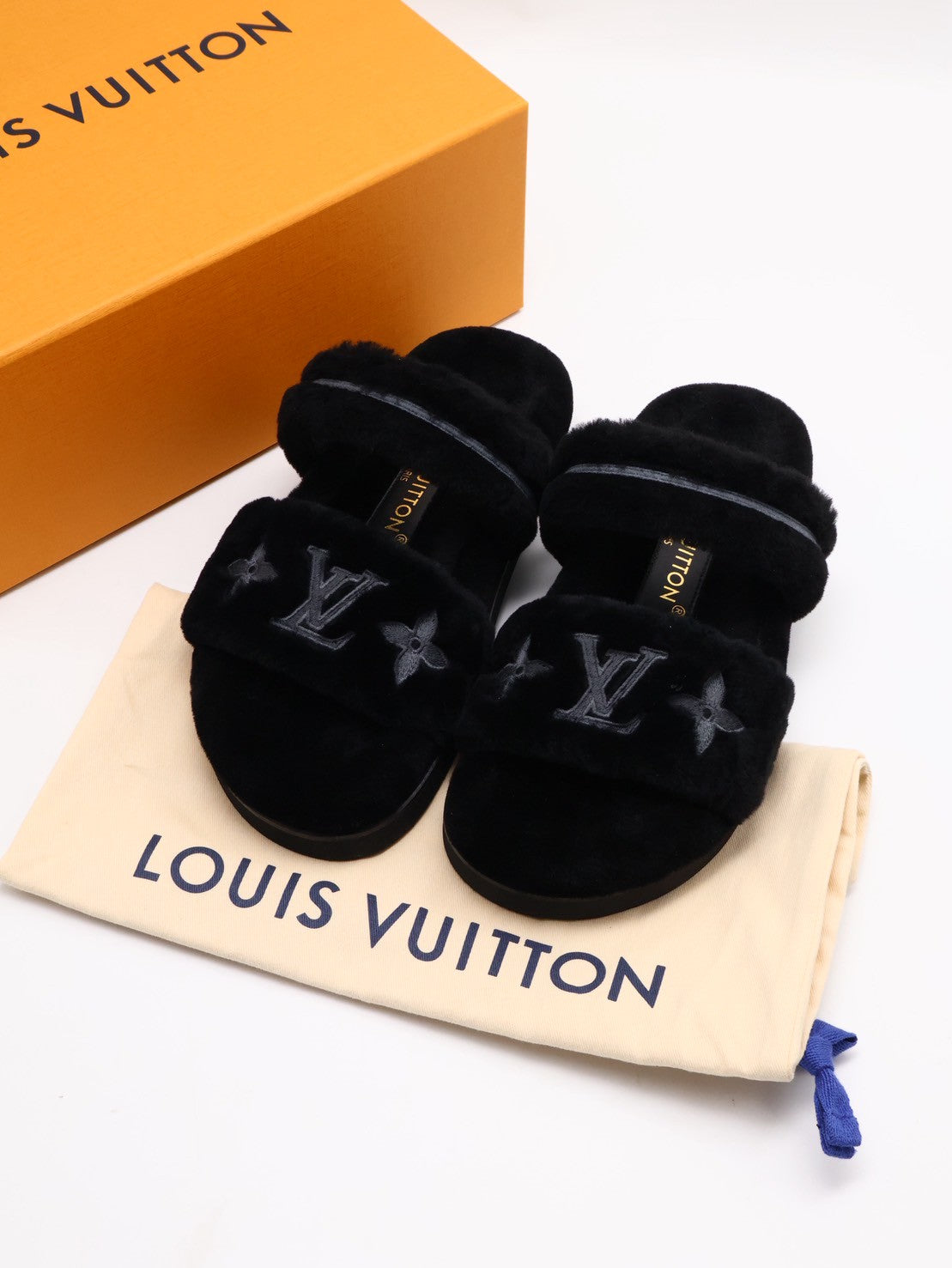 LOUIS VUITTON Sunset 平底毛毛穆勒涼鞋 - 黑 36
