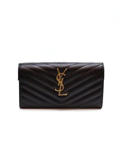 YSL 經典V紋粒面牛皮長夾 - 黑金