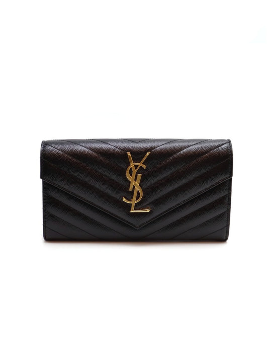 YSL 經典V紋粒面牛皮長夾 - 黑金