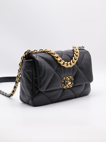 CHANEL 19 Bag 菱格紋羊皮手提肩背包 26 - 黑金