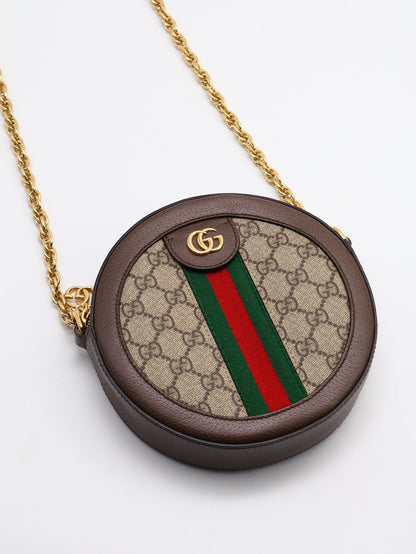 GUCCI 紅綠織帶老花迷你圓餅包 - 烏木