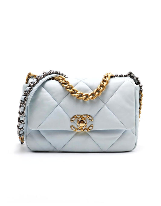 CHANEL 19 Bag 菱格紋羊皮手提肩背包 26 - 寶寶藍金