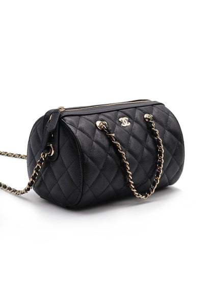 CHANEL 菱格紋粒面牛皮保齡球包 - 黑金