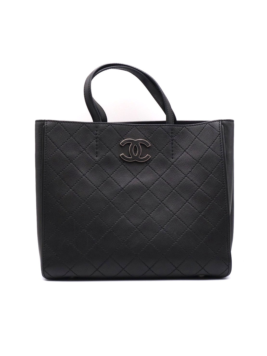 CHANEL 皮釦雙C單肩托特包 - 黑銀18開