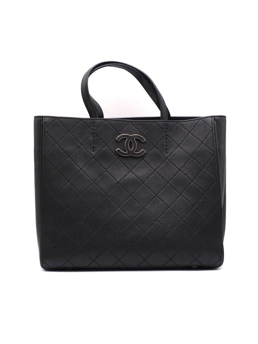 CHANEL 皮釦雙C單肩托特包 - 黑銀18開