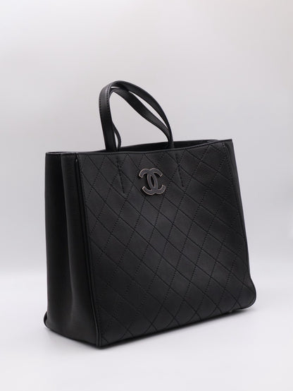 CHANEL 皮釦雙C單肩托特包 - 黑銀18開