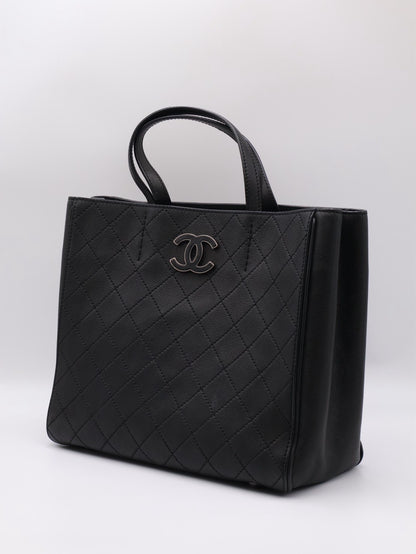 CHANEL 皮釦雙C單肩托特包 - 黑銀18開