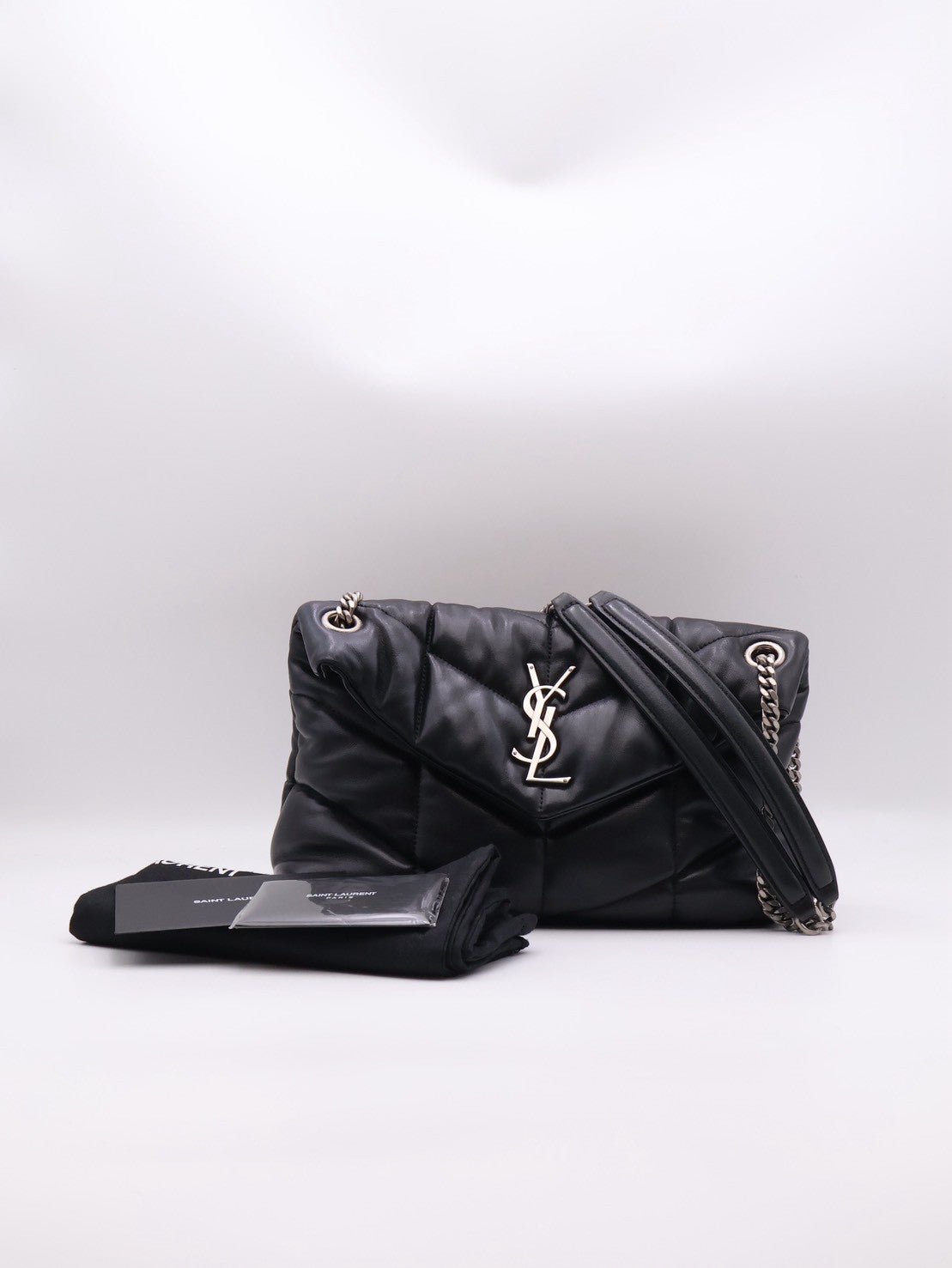 YSL Puffer小羊皮單肩包 - 小號黑銀